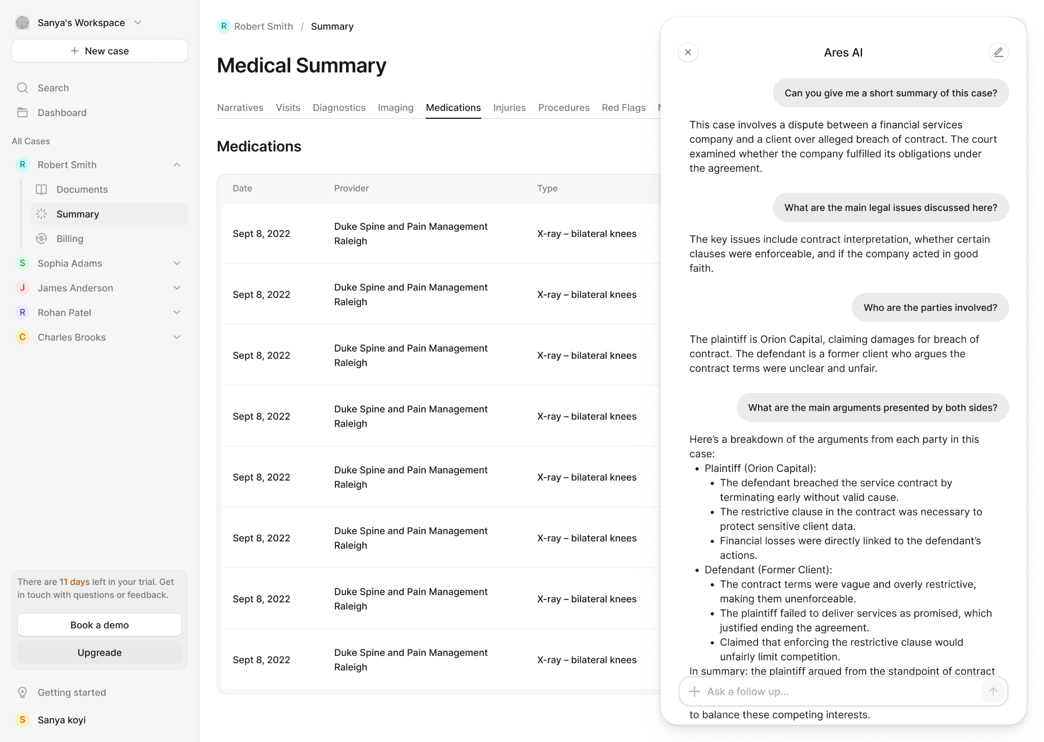 Ares AI medical summary with an AI assistant panel