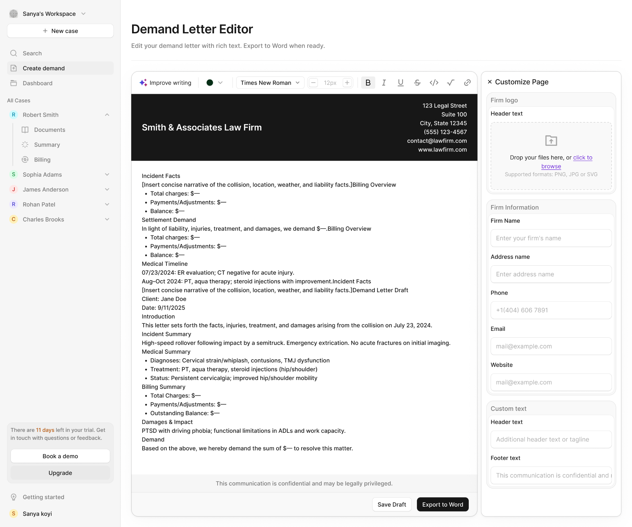 Ares AI editable demand letter workspace