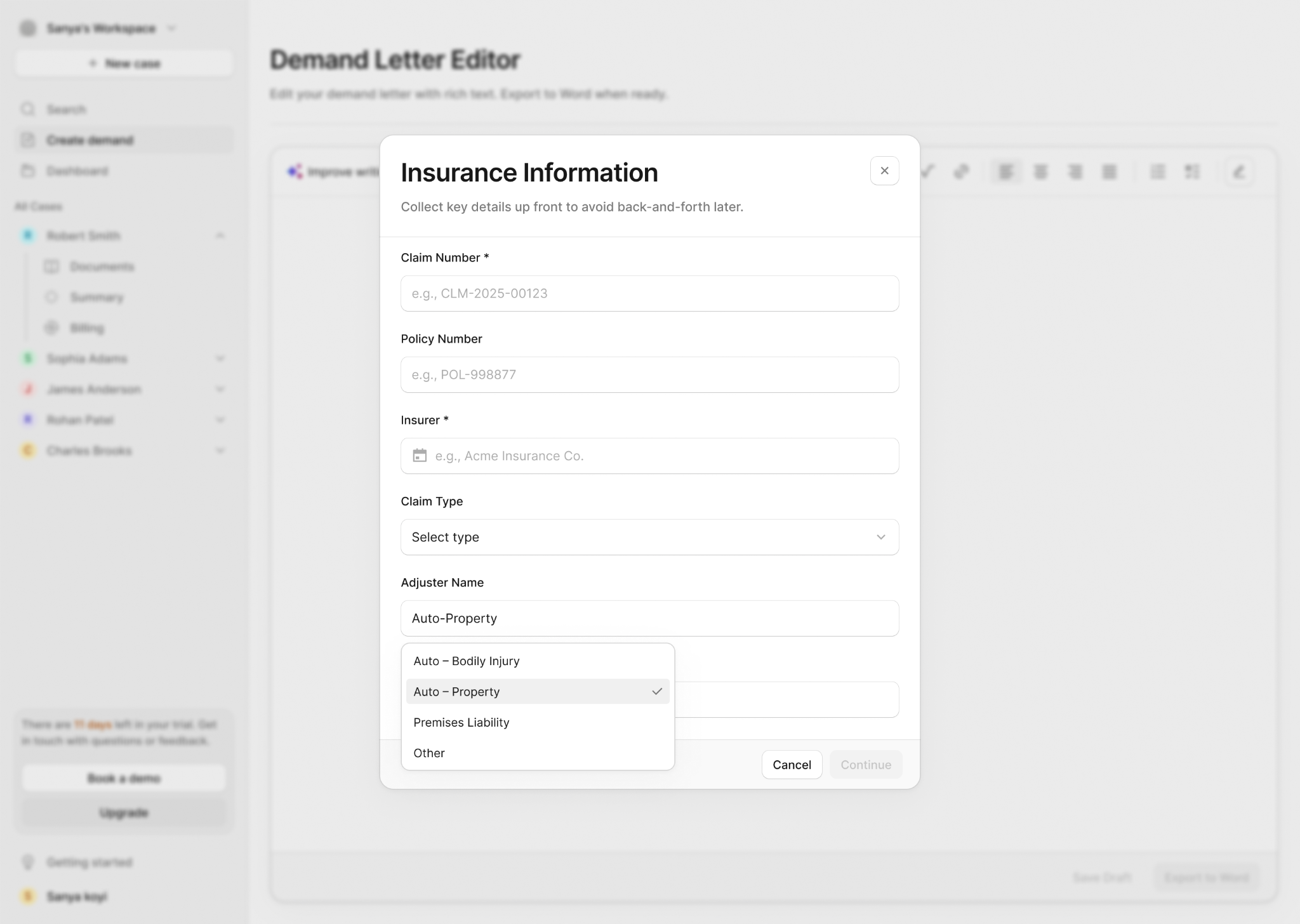 Ares AI insurance information form beside a demand letter