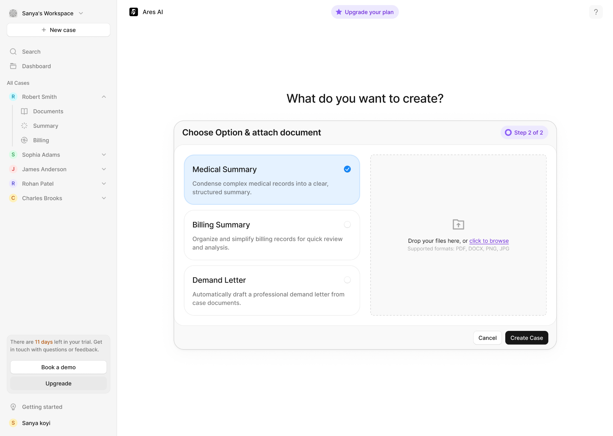 Ares AI output selection and document upload step