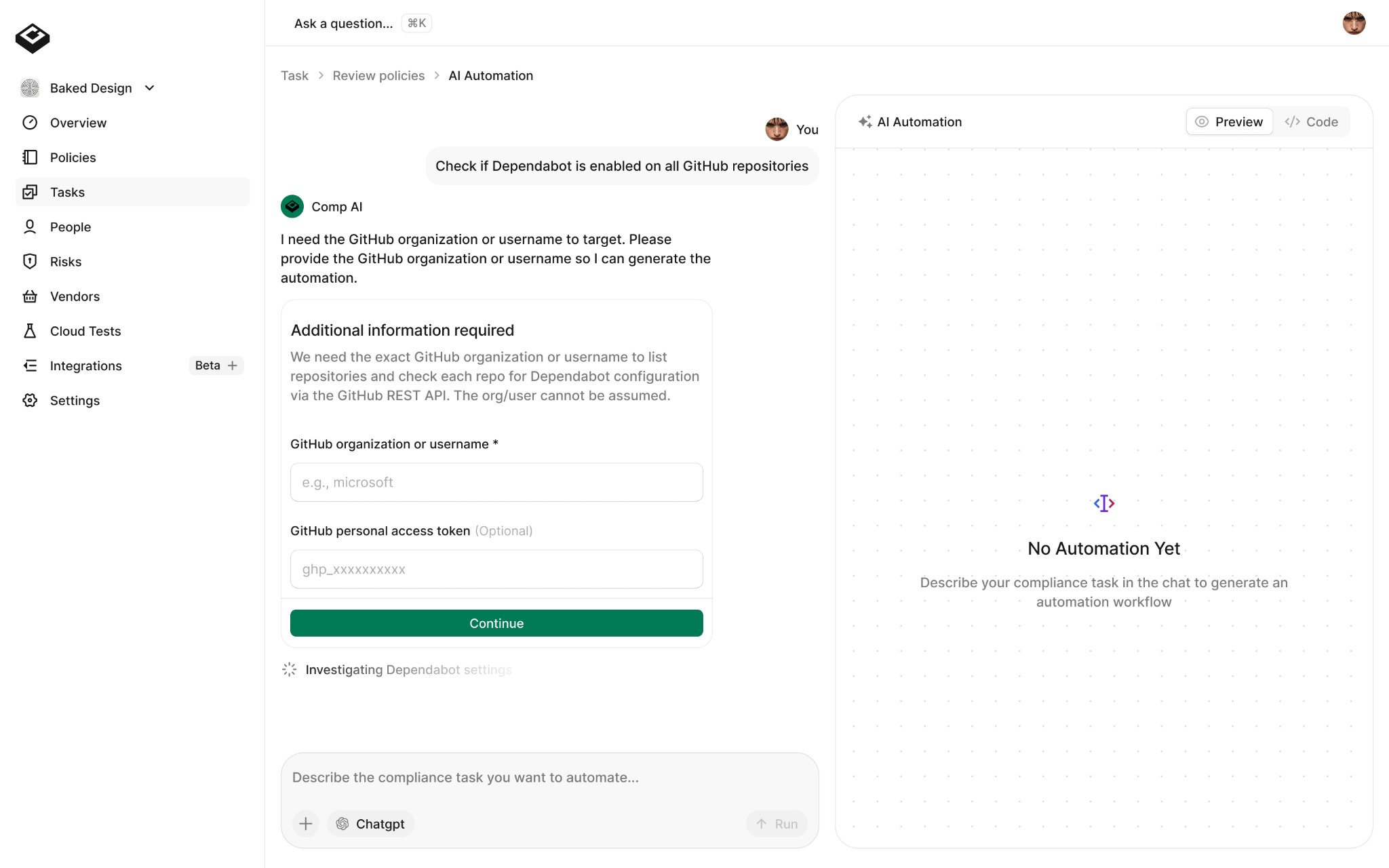 Comp AI requesting additional GitHub information within the automation conversation