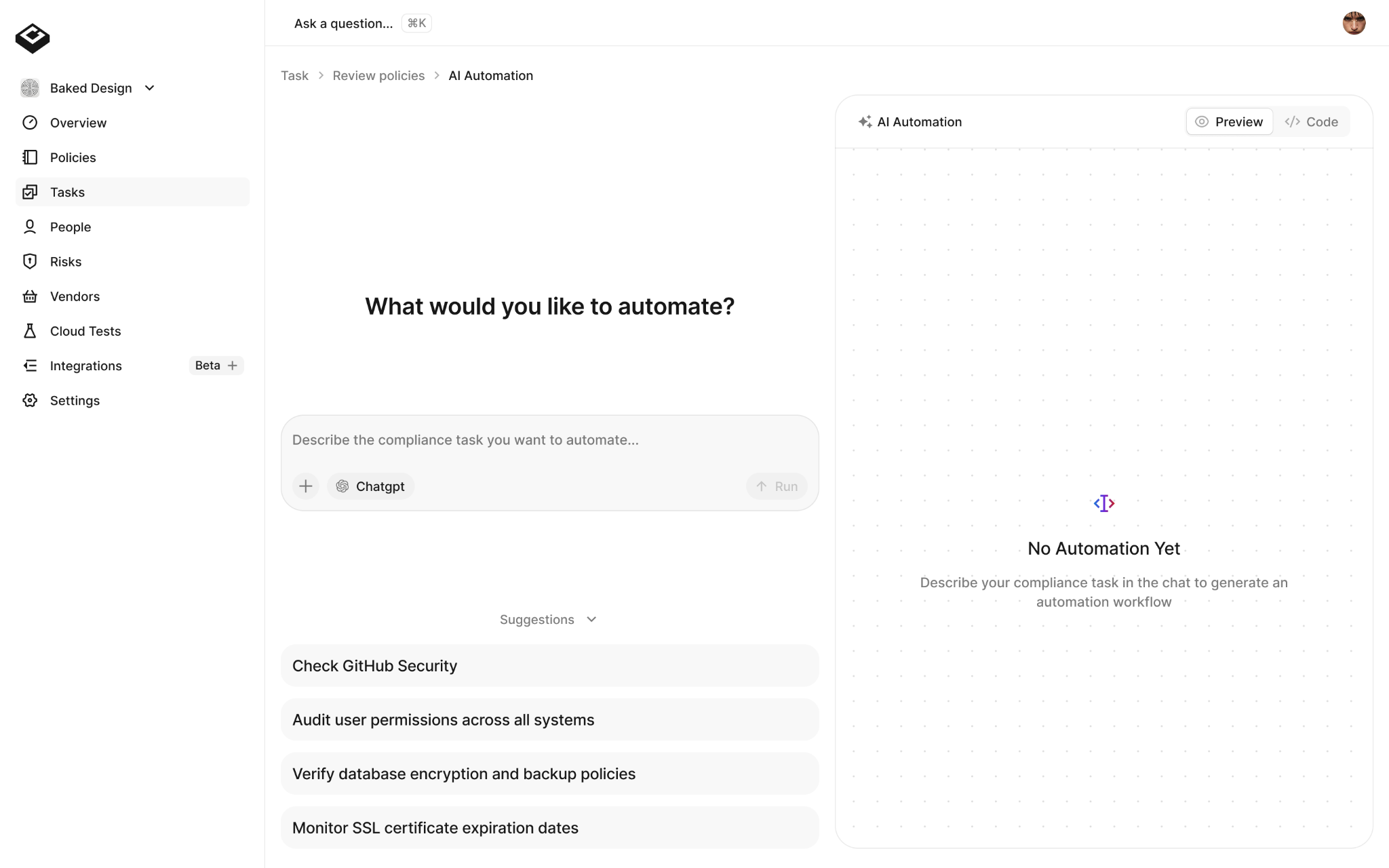 Comp AI automation empty state with suggested compliance tasks