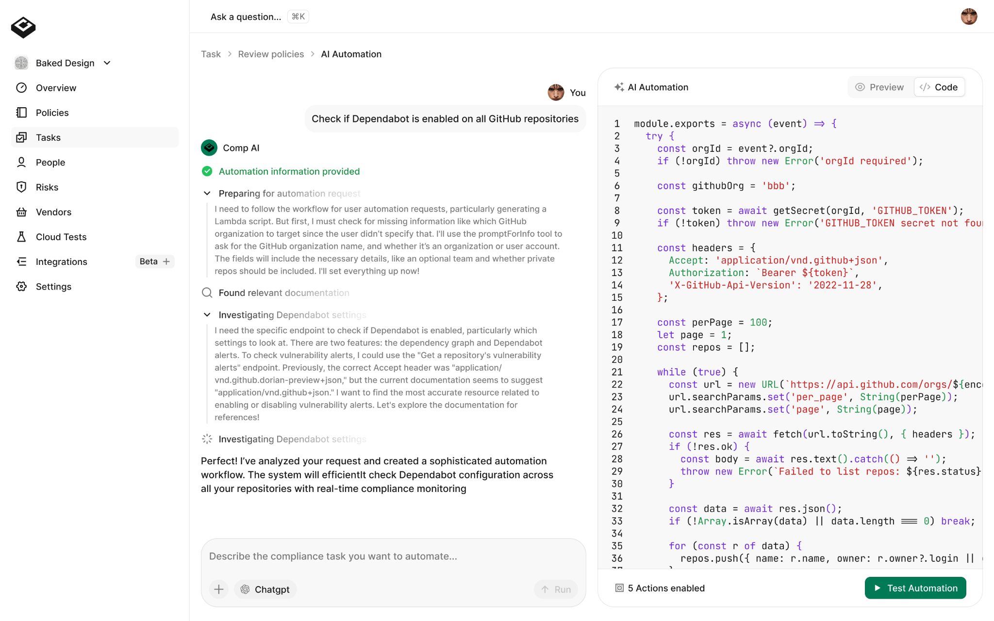 Comp AI generated automation code view