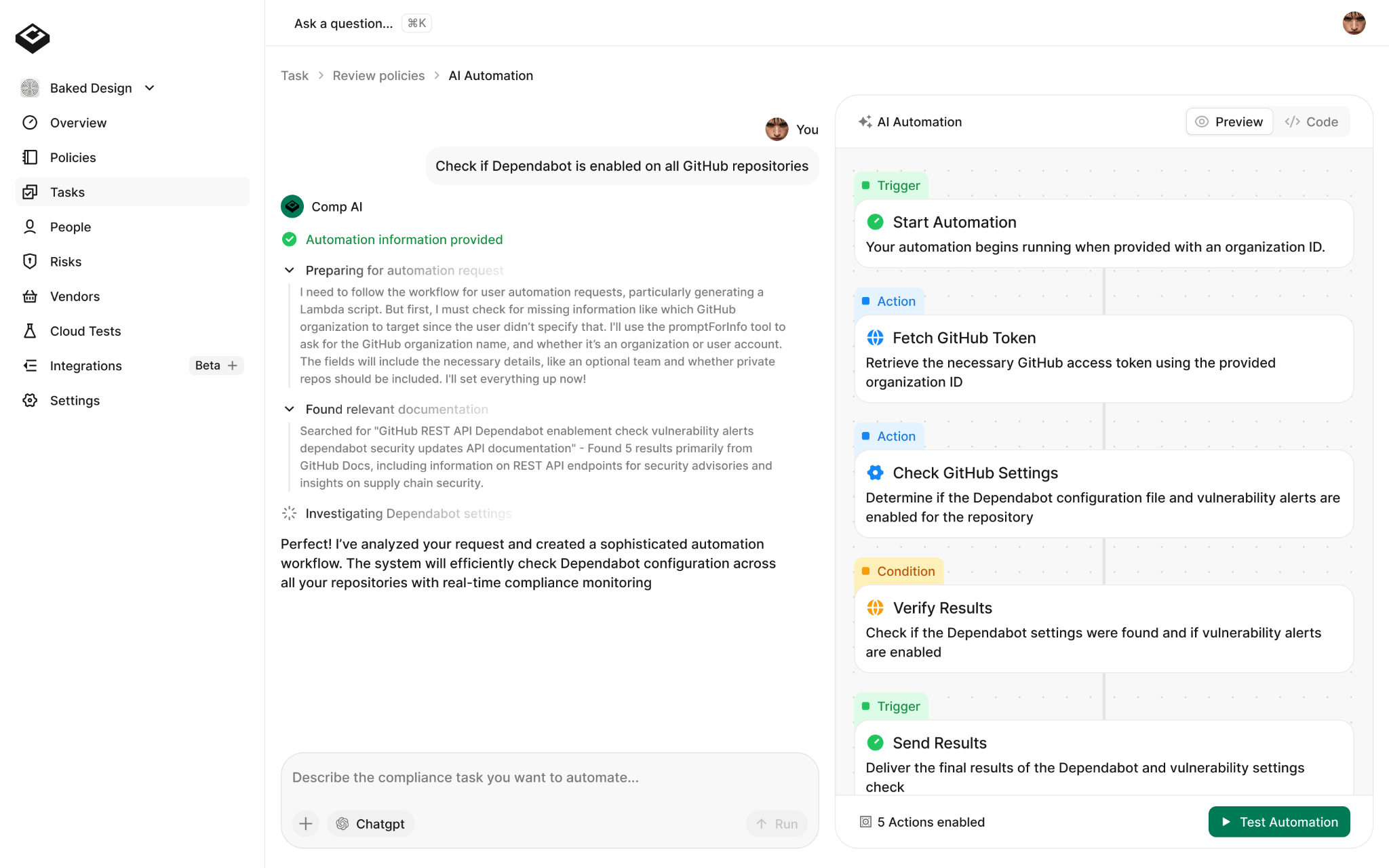 Comp AI visible workflow system with triggers, actions and conditions